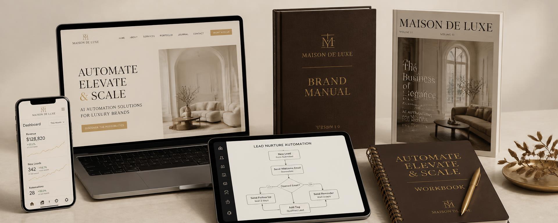 Composição de notebook, celular, tablet, manual de marca, revista e workbook estratégico