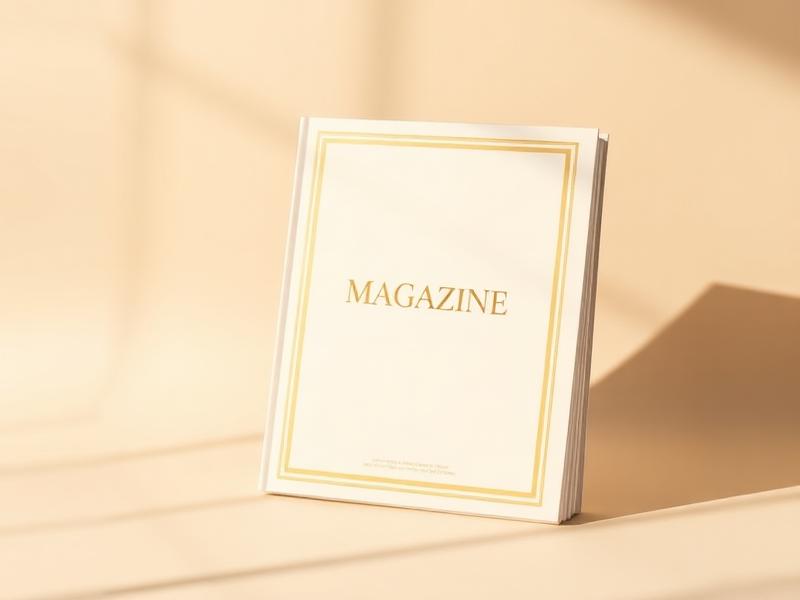 Revista de marca impressa com capa creme e dourada